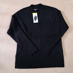 ❤️New! Hilary Radley Lurex Sweater Black Knit V-neck Top Women's Small